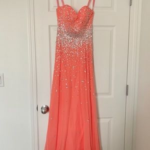 Strapless sparkly coral pink graduation dress